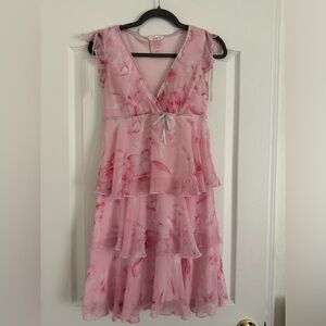 Vintage Pink Floral Tiered Chiffon Dress with Ribbon Waist